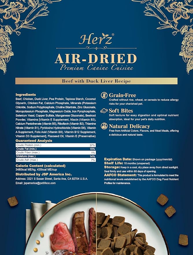 Herz Air-Dried Dog Food Beef & Duck Liver Recipe 1 lb, All-Natural, High-Protein, Grain-Free, Limited Ingredients, Complete & Balanced, Premium Canine Cuisine