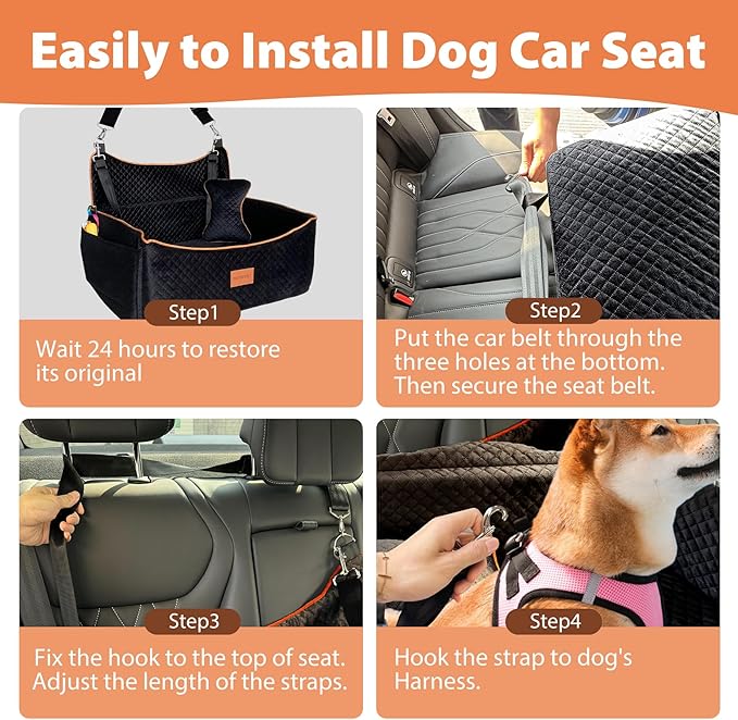 Dog Car Seat for Medium Dogs or 2 Small Dogs, Memory Foam Booster with Bonus Pillow & Removable Washable Cover, 2 Safety Leashes, Anti-Slip Base - Supports 50lbs (Black)