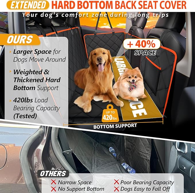 Back Seat Extender for Dogs - Holds 420lb, Hard Bottom Dog Bed Back Seat Cover, Pet Car Seat Cover Backseat Extender,Upgraded Material Waterproof Dog Hammock for Car，SUV, Truck, Black/Orange