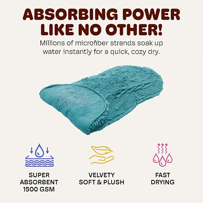 Dog Gone Smart The Dirty Dog Shammy - Fast Drying Plush Shammy Towel with Dual Hand Pockets and Elastic - Super Absorbent Microfiber and Machine Washable - Pacific Blue