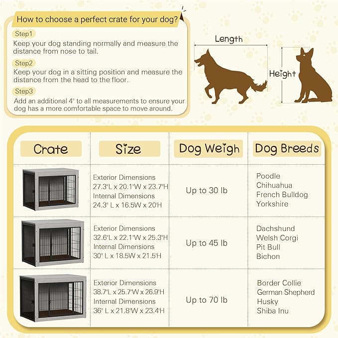Bigrab Dog Crate Furinture with Thick Cushion, Side End Table Wooden Dog Cage with Double Doors, Chew-Resistant Dog Kennel Dog House Indoor for Small to Large Dog, M (Grey)