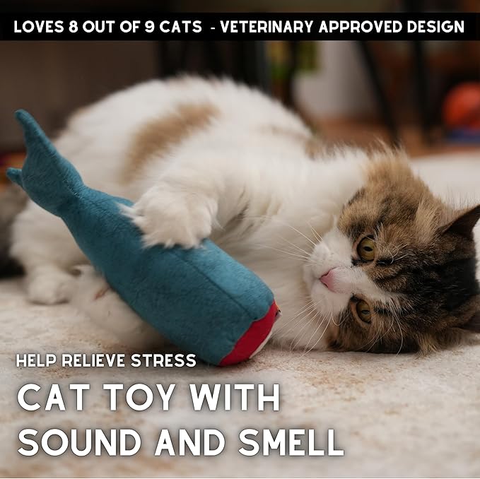 Big Fish Cat Kicker Toy - Refillable Catnip Matatabi Silvervine Filled and Help Relief Anxiety - Kitten Catnip Essentials Treats Supplies Large Interactive Chew for Indoor Cat (Blue)