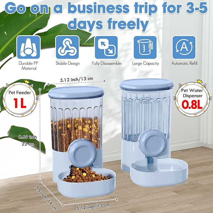 Hanging Small Pet Feeder and Water Dispenser, 1L Auto Cat Food Bowl and 0.8L Water Bottle Dispenser, Auto Gravity Pet Feeder and Waterer Set for Puppy, Kitten, Rabbit and Small Pets (Blue)