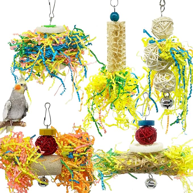 EBaokuup Bird Parrots Shredding Toys Parakeet Chewing Toys Bird Loofah Toys Parrot Cage Shredder Toys Bird Foraging Hanging Toys Bird Accessories for Parrots Lovebird Cockatiel Conure African Grey