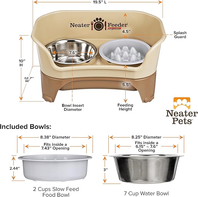 Neater Feeder Express Mess Proof Dog Bowls Elevated for Medium and Large Breed – Made in USA – No Spill Raised Slow Feeder Elevated Dog Bowl Stand, Slow Feed Food and Water Bowl Set, Cappuccino