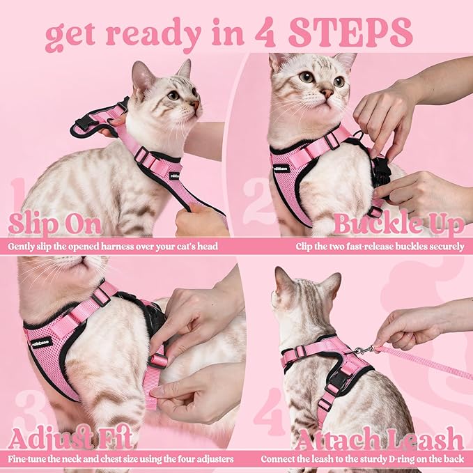rabbitgoo Cat Harness and Leash for Walking, Escape Proof Soft Adjustable Vest Harnesses for Cats, Easy Control Breathable Reflective Strips Jacket, Pink, S