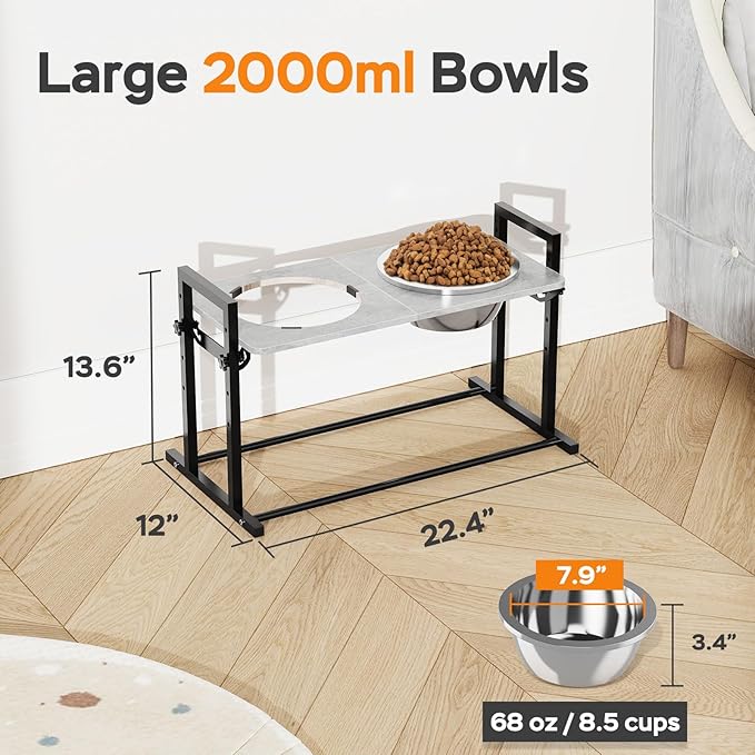 Elevated Dog Bowls for Large Dogs, 4 Height Adjustable Tilted Raised Dog Bowl Stand with 2 Stainless Steel 2L Bowls, 13.6" Tall Dog Feeder for Medium and Large Breed
