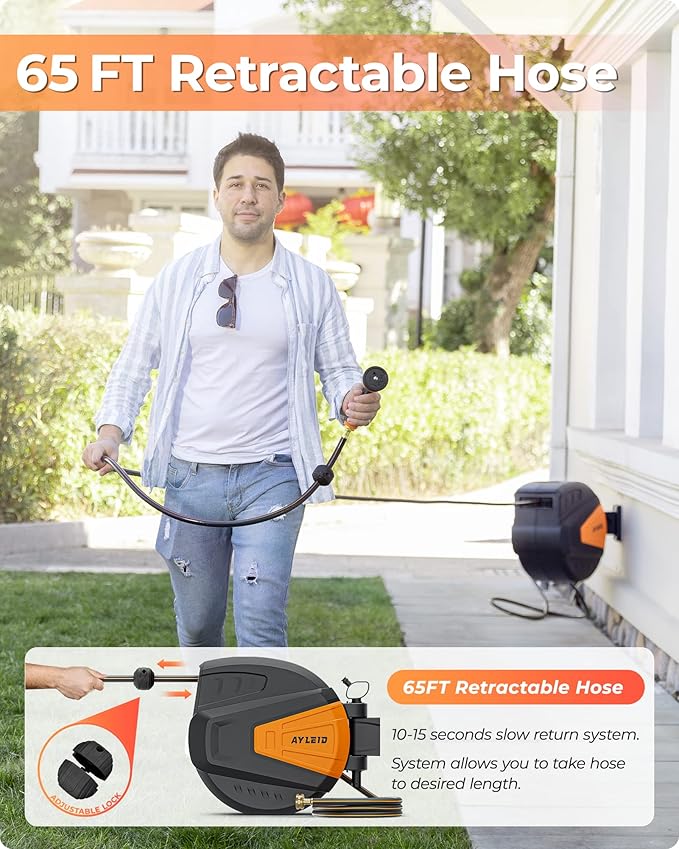 Ayleid Retractable Garden Hose Reel,1/2 in x 65 ft Wall Mounted Hose Reel, with 9- Function Sprayer Nozzle, Any Length Lock/Slow Return System/Wall Mounted/180°Swivel Bracket (Black)