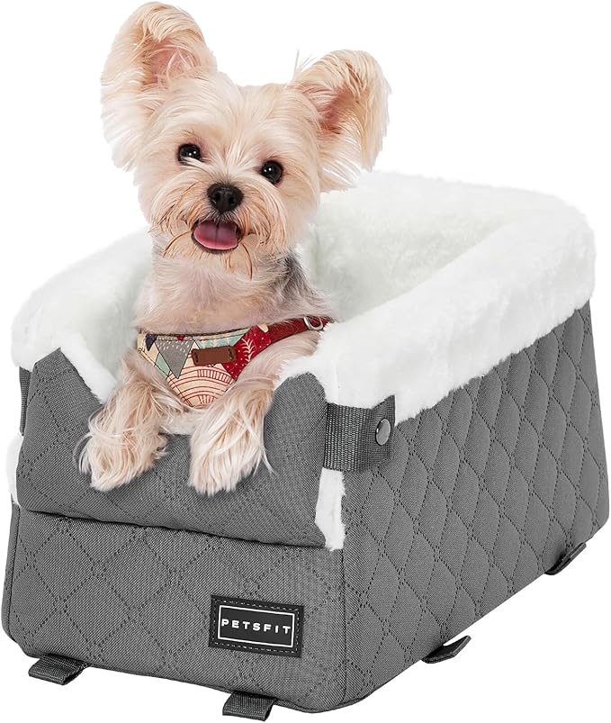 PETSFIT Center Console Dog Car Seat with Safe Protection Hooks, Pet Car Seat with Upgraded Safety Tethers, Washable Cushion, Console Dog Car Seats for Small Dogs Up to 8 Lbs (Grey)
