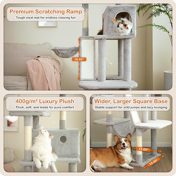Ouritsu Cat Tree, 61 inch Tall Cat Tower for Large Cat Indoor, Enlarged Condo, 2 Padded Perches with 1 Widened, Large Hammock, Scratching Post and ramp, Fluffy Basket, Light Gray, LF002GA