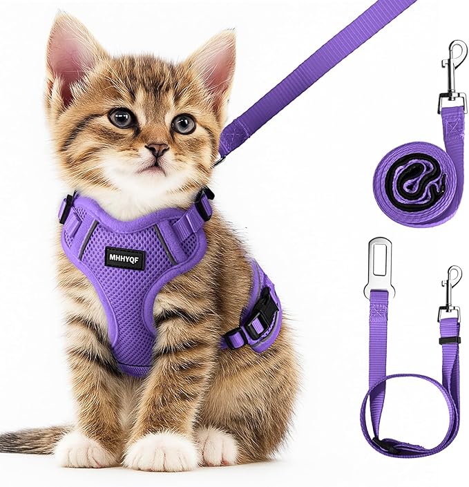 Cat Harness and Leash Set for Walking Escape Proof, Improved Four Place Adjustable Cat Car Harness, Soft Kittens Vest with Reflective Strip for Cats, Comfortable Outdoor Vest, Purple, XS
