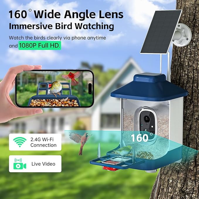 Bird Feeder with Camera, AI Bird Identification, Full HD Live Video, Solar Powered, 2.4Ghz WiFi, Nstant Arrival Alerts - Best Gifts for Bi rd Lovers