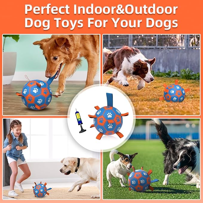 QDAN Dog Ropes Toys Soccer Ball with Straps, Puppy Birthday Gifts, Tug Toy, Durable Dog Balls for Medium & Large Dogs- Blue Orange(8 Inch)