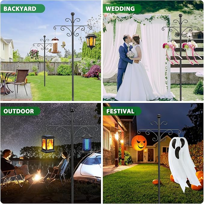 Bird Feeder Pole for Outdoors Heavy Duty Squirrel Proof, 2 Pack 63 Inch Adjustable Tall Shepherds Hooks for Outdoor with 7 Prongs Base, Double Shepherd Hooks (2 Pack Black, 63 Inch)