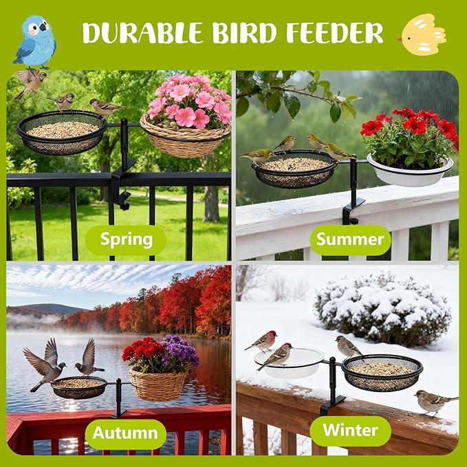 Bird Feeder for Apartment Balcony,Balcony Bird Feeder with Food Tray and Water Bowl,Detachable and Adjustable Heavy Duty Sturdy Steel,Rounded