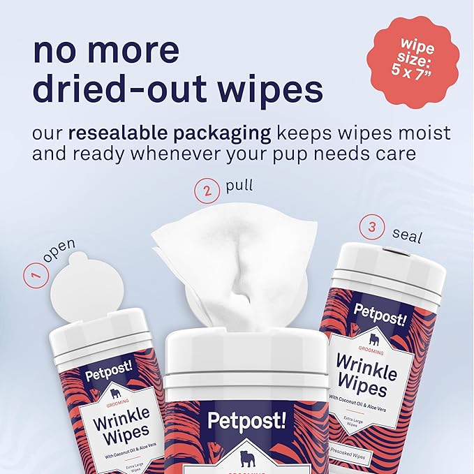 Petpost Large Wrinkle Wipes for Dogs | 60 Count 5x7 Dog Face & Wrinkle Cleaner | Gentle Pet Wipes with Coconut Oil & Aloe for Bulldogs, Pugs & Wrinkly Breeds | Dog Cleaning Wipes
