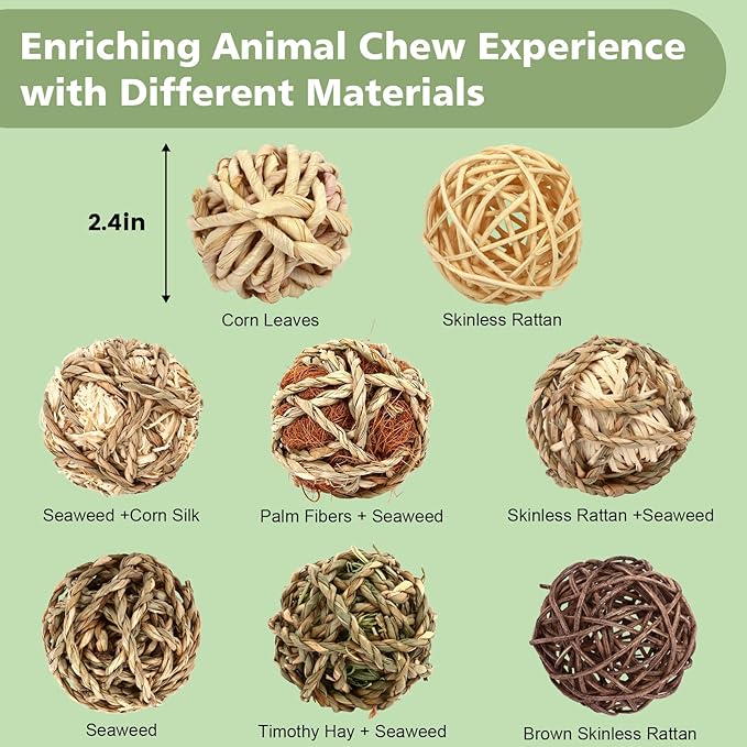 VESPRO Bunny Chew Grass Balls, (8 Pcs) Rolling Chew Toys for Small Animals, Natural Chew Grass Toys and Bunny Treats for Rabbits, Guinea Pigs, Chinchillas, Hamsters, Mice Teeth Grinding