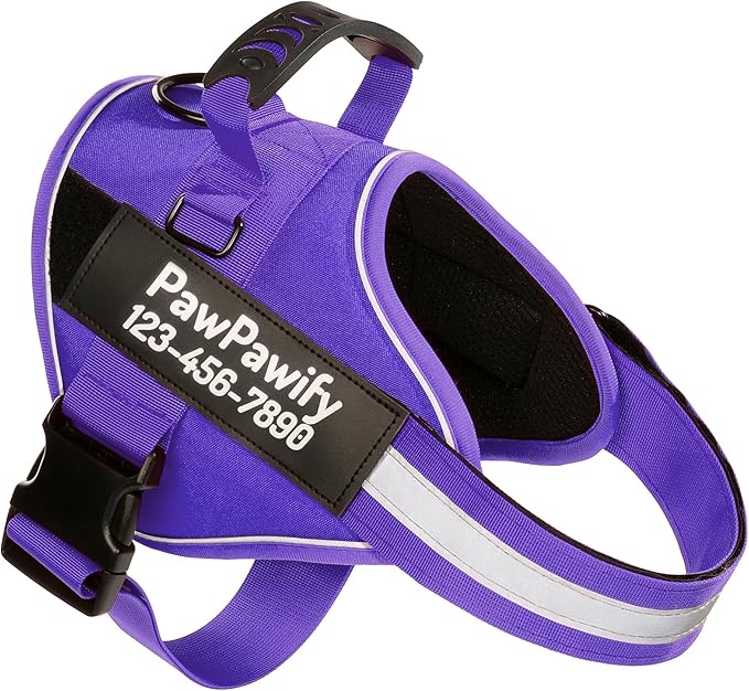 PawPawify Custom No Pull Dog Harness with Name and Phone Number, Heavy Duty Personalized Pet Vest to Prevent Tugging, Pulling, or Choking, Training and Walking (New Purple, XS (Chest 14-17in))