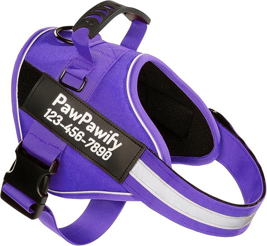 PawPawify Custom No Pull Dog Harness with Name and Phone Number, Heavy Duty Personalized Pet Vest to Prevent Tugging, Pulling, or Choking, Training and Walking (New Purple, XS (Chest 14-17in))