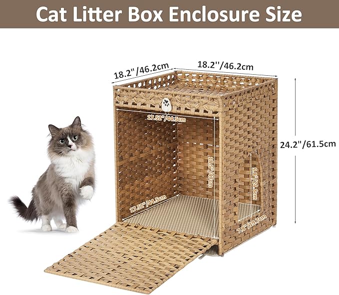 Cat Litter Box Enclosure with Soft Litter Mat; Hidden Cat Washroom Furniture with Door; Handwoven Rattan Cat House; Pet Crate for Living Room, Bedroom, Balcony (Natural)