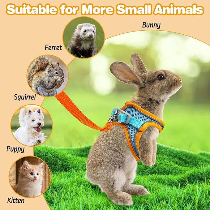 PINVNBY 2 Pack Bunny Hsrness and Leash Set Adjustable Rabbit Harness with Reflective Strips Double Buckle Pet Vest Eescape Proof for Small Rabbit Kitten Puppy Walks Accessories (Orange Blue, S)