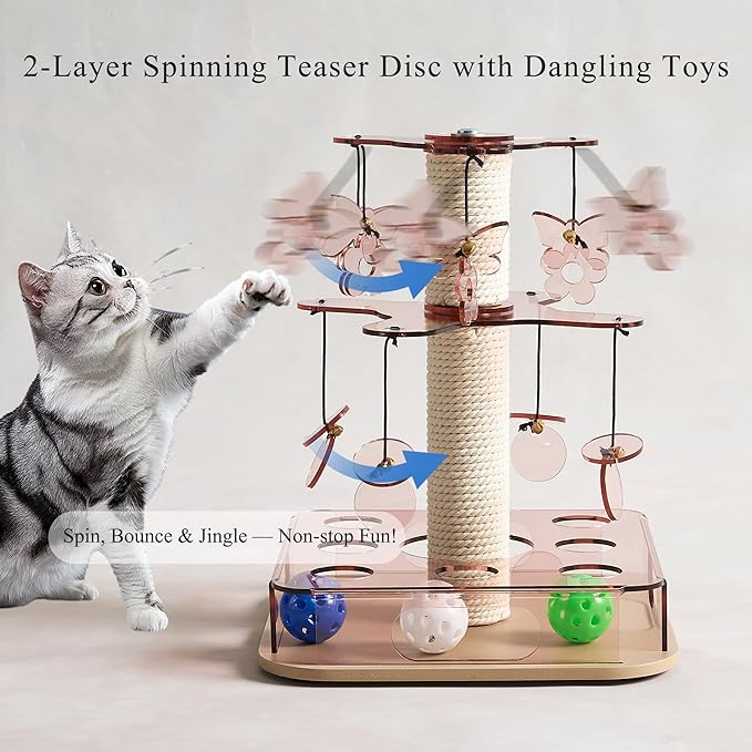 Modern 3-in-1 Interactive Cat Toy with Scratching Post, Cat Puzzle Toys for Indoor Cats with Colorful Jingle Balls, 2-Layer Spinning Teaser Disc with Dangling Toys, Acrylic, Pink