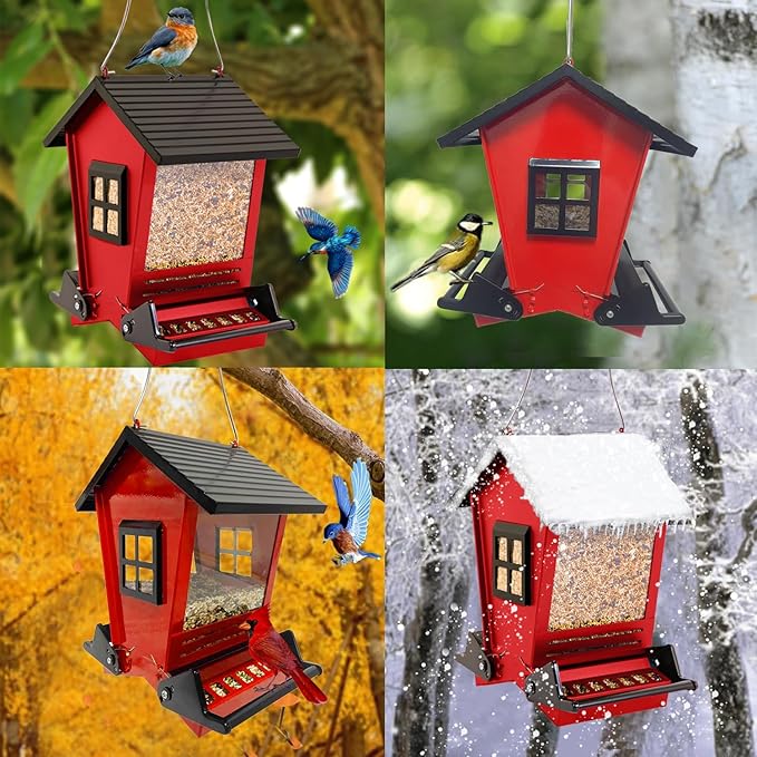 LSCQYYCCSquirrel Proof Bird Feeders for Outdoors Hanging, 5LB Capacity Metal Wild Birdfeeders Outside Hanging,Large Feeder That Attracts Cardinals, Chickadees, and More Birds-One in red ﻿