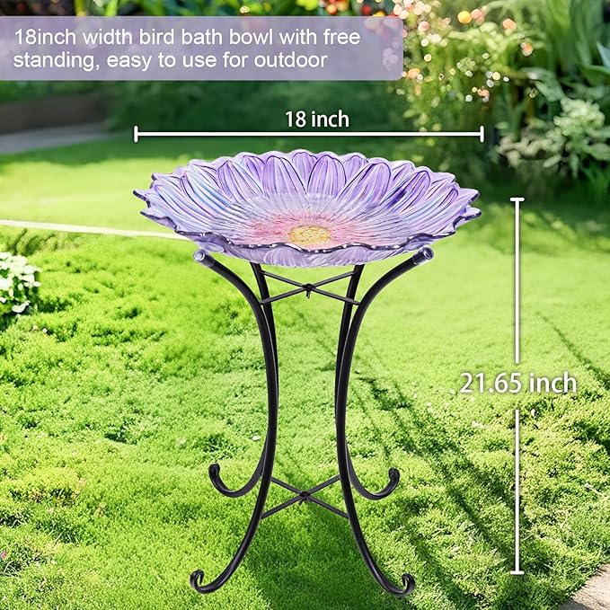 MUMTOP Outdoor Glass Birdbath with Metal Stand for Outside Yard Garden Decor, 18 inch Diameter Purple Bird Baths Bowl for Outdoors, 21 inch Height