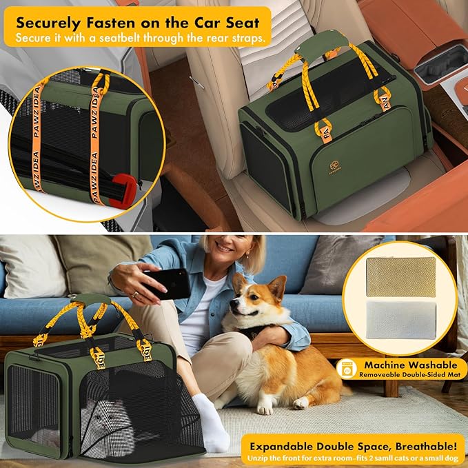 PAWZIDEA Expandable Pet Carrier Airline Approved, 18"×11"×11" Small Dog Carriers, Collapsible Top-Load Cat Carrier for 2 Cats Under Seat, Soft-Sided Puppy & Animal Travel Bag, ID Card, Up to 15lbs