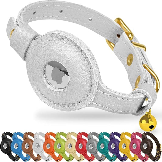 OOPSDOGGY Leather AirTag Cat Collar with Bell - Non Breakaway Kitten Collar with Apple Air Tag Holder - Lightweight GPS Pet Collars for Girl Boy Cats, Small Dogs, Puppies (White)