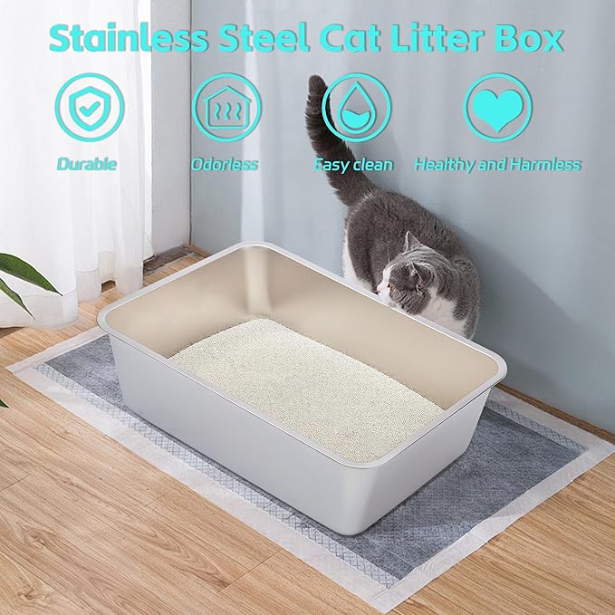 2 Pack Stainless Steel Litter Box-XXL Metal Litter Box for Big Cats 8IN Deep, Cat LitterBox-Pet Toilet Easy to Clean,High Sided Cat Litters Boxes Adult Cats,Non Stick, No Smell