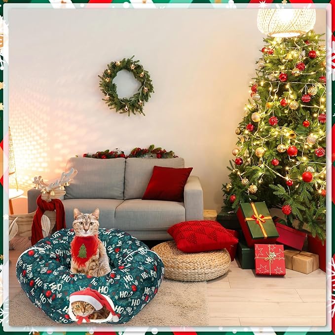 Christmas Cat Tunnel Bed for Indoor Cats Under Christmas Tree Skirt Tube with Hanging Ball Plush Cat Cave, Washable Holiday Pet Gift Toy & Gift for Kittens(Pine Branch)