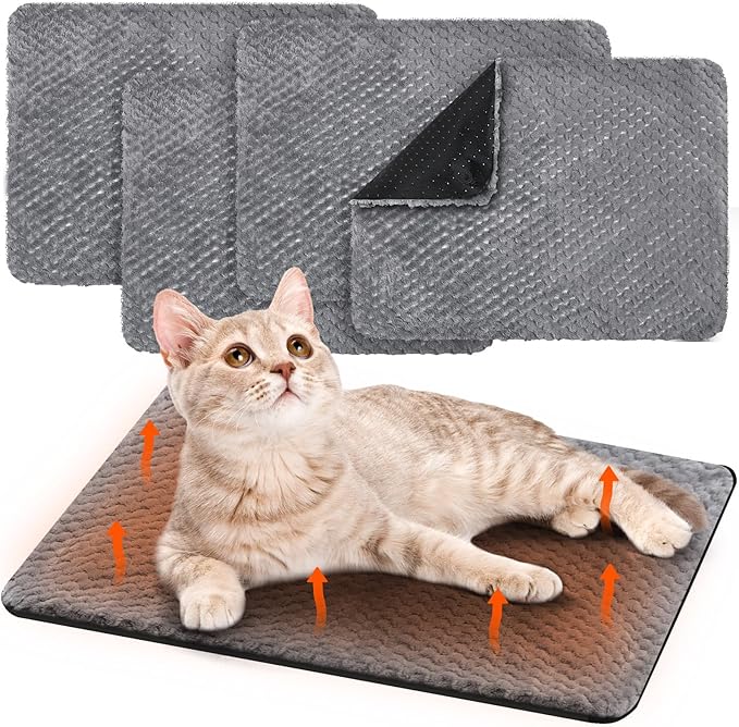 4 Pcs Self Heating Cat Pad Self Warming Cat Bed Dog Heating Pad Washable Thermal Pet Mat for Indoor Outdoor Pet 16 x 20 Inch Removable Non Slip(Gray)