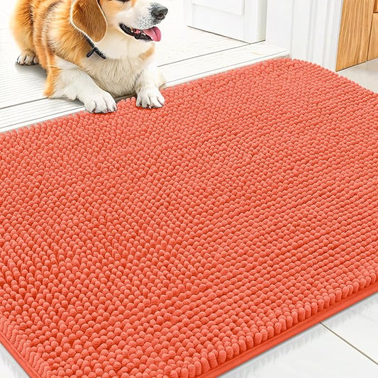 Smiry Dog Door Mat for Muddy Paws 30x20, Absorbs Moisture and Dirt Doormat, Non-Slip Washable Quick Dry Chenille Front Door Mat Indoor Entrance, Entryway Carpet for Inside Floor, Coral