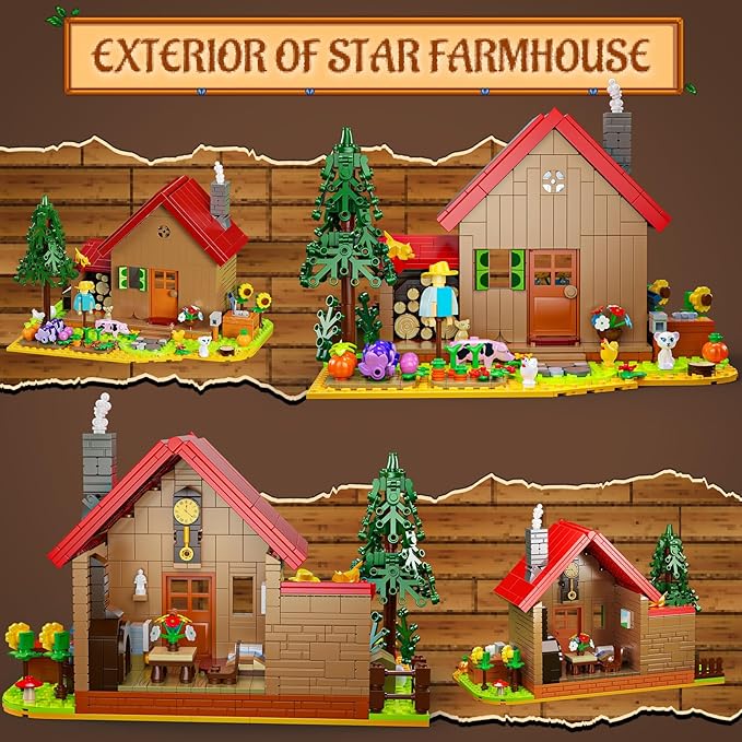 Star Farmhouse Building Blocks Set Toy, with Farm Facilities and Small Animal Figures, DIY Valley House Building Kit for Adults and Kids, Gift for Girls and Boys Ages 6 Plus