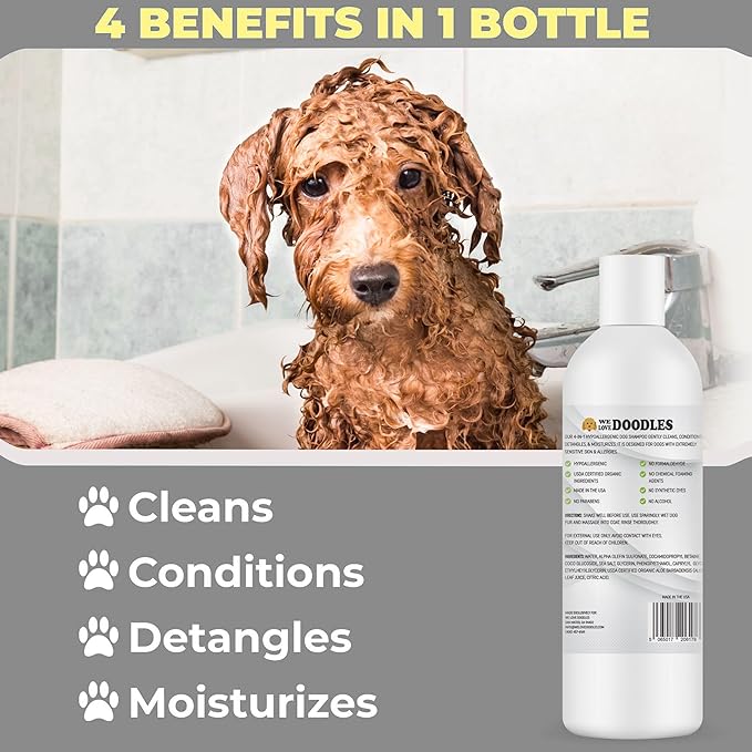 We Love Doodles Hypoallergenic Dog Shampoo, Conditioner & Detangler and Pet Bath Brush - Organic Ingredients, Sensitive Skin & Allergies, Made in USA, Grooming Brush for Shower Scrubbing & Soothing