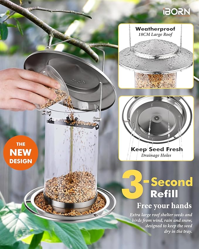iBorn Metal Bird Feeders for Outdoors,Easy Clean Bird Seed Feeder,Hanging Bird Feeder for Seeds with Gift Box,3-Second Refill Bird Feeder,Nickle 6 Port (Seed is not Included)