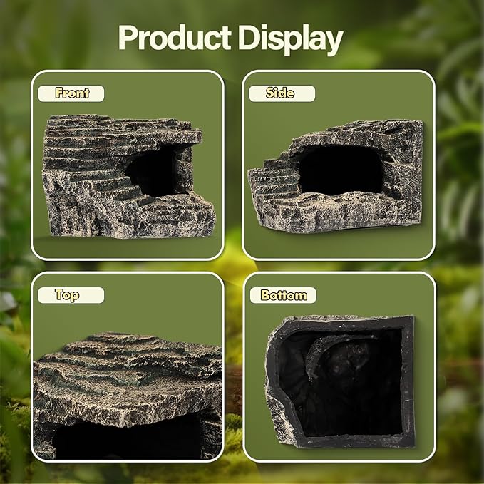 Reptile Hide, Great for Geckos, Snakes, Bearded Dragons & Lizards. with Steps for Rock Climbing, It Doubles as Aquarium Rock Cave Corner Cave for Climbing Hiding. (Stone, A-XLarge)