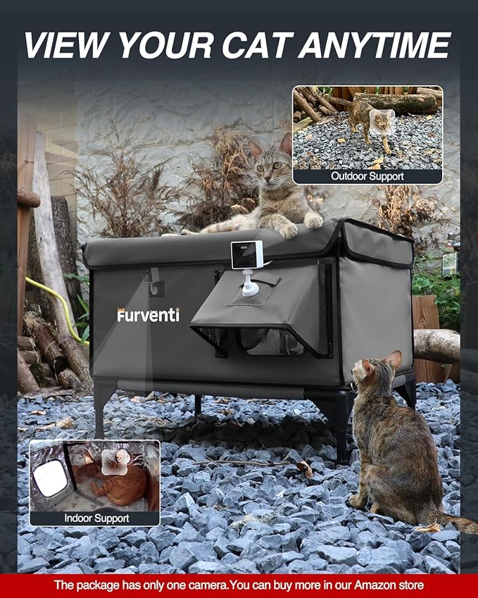 Outdoor Heated Cat House in Winter,Extremely Insulated & Weatherproof,Elevated Feral Cat Shelter with Waterproof Eaves & Escape Door for Outside Stray Barn Cat (Dark Grey, L with Cam)