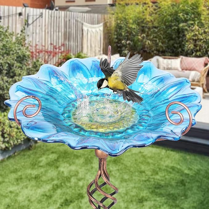 Bird Baths for Outdoors, Glass Birdbaths Outdoor Garden Birdfeeder with Metal Stake Blue (Height:31inch)
