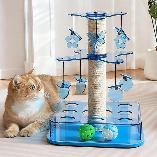 Modern 3-in-1 Interactive Cat Toy with Scratching Post, Cat Puzzle Toys for Indoor Cats with Colorful Jingle Balls, 2-Layer Spinning Teaser Disc with Dangling Toys, Acrylic, Blue