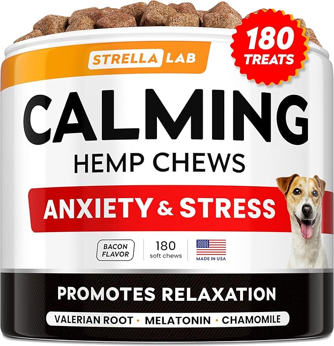 STRELLALAB Hemp Calming Chews for Dogs - Melatonin Dog Treats - Anxiety Relief - Calming Chews - Sleep & Stress Aid for Separation - 180 Treats