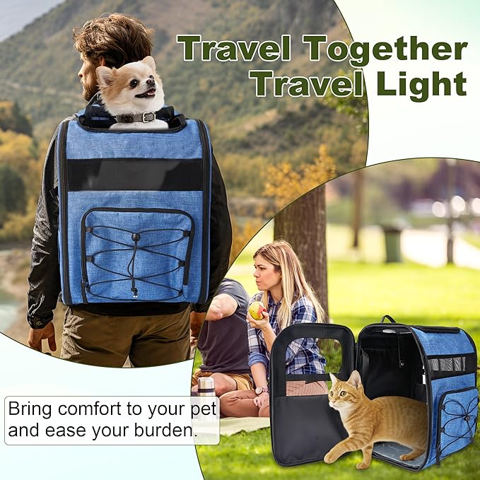 Dog Carrier Backpack for Small Dogs - Breathable Mesh Hiking Bag with Safety Buckle, Adjustable Straps and Elevated Pad - Durable for Hiking (Fits Small Cats Too, Up to 17lbs, Blue)