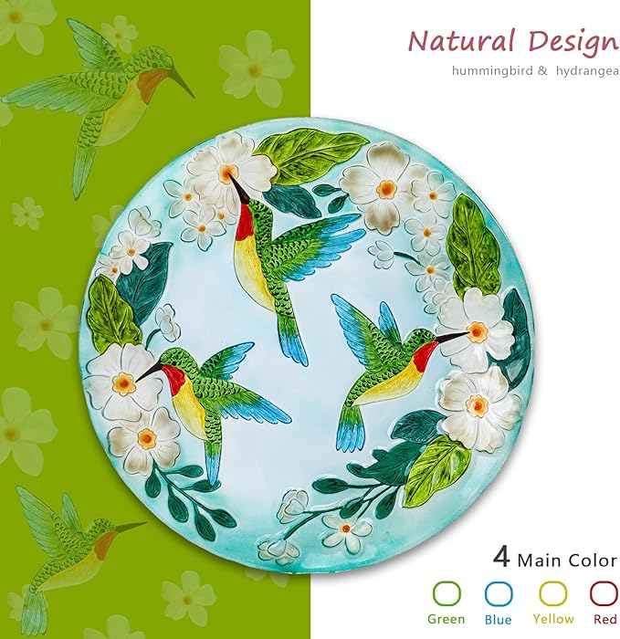 MUMTOP Bird Baths for Outdoors, Hummingbird Glass Large Bird Bath Bowl with Metal Stand, 18 Inch Bird Feeders for Outside and Garden, Patio,Lawn Decor (Hydrangea)