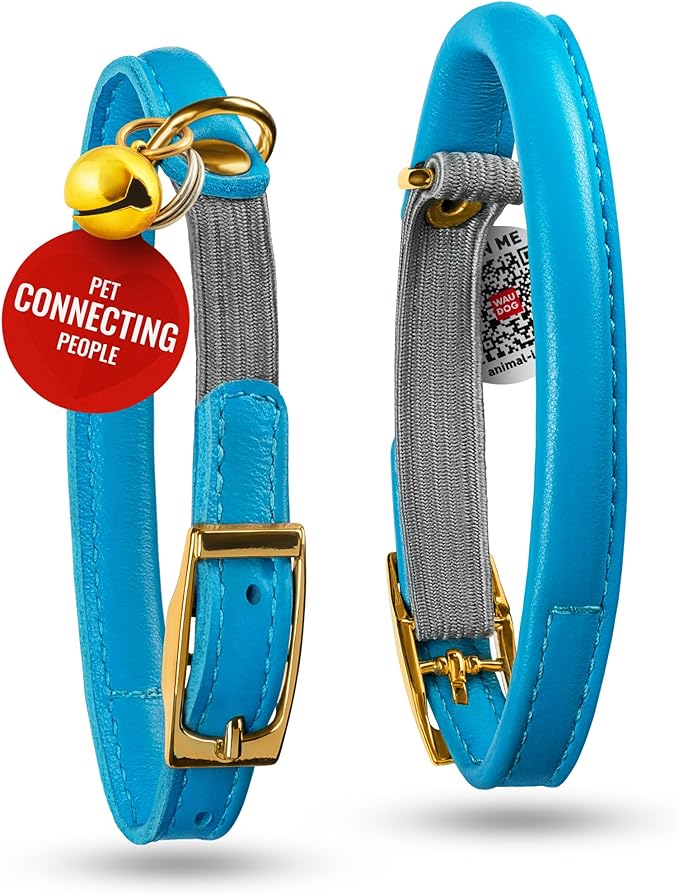WAUDOG Ultra Soft Rolled Leather Cat Collar with Removable Bell, Safety Elastic Strap and QR ID Tag - Soft Padded for Small, Medium, and Large Cats - Round Kitten Collar for Male and Female Cats