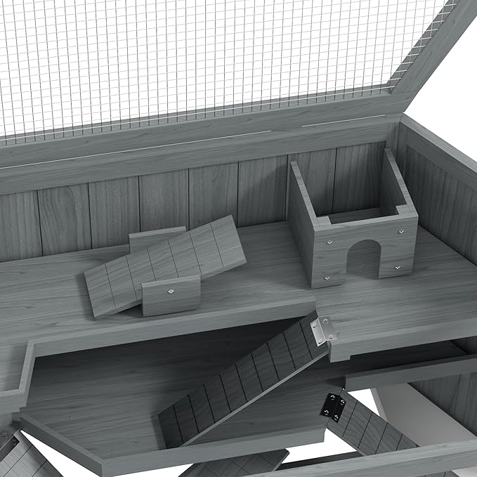 PawHut Wooden Large Hamster Cage, Rat Habitat, 3 Tier Small Animal Exercise Play House with Tray, Water Bottle, Activity Center, Gray