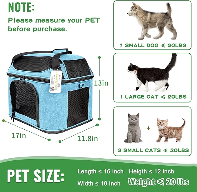 Large Cat Carrier for 2 Cats Soft Side Pet Carrier for Kitten Small Dog Collapsible Travel Small Dog Carrier, TSA Airline Approved Carrier for Large Cats 20 lbs, Blue
