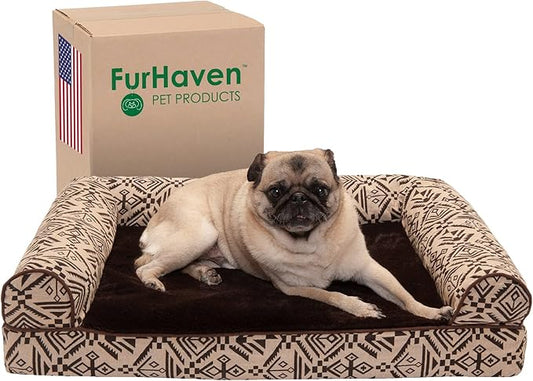 FurHaven Soft, Orthopedic Foam Sofa Dog Bed with Washable & Removable Cover - Plush/Woven - Desert Brown, Dogs Up to 35 lbs - Medium