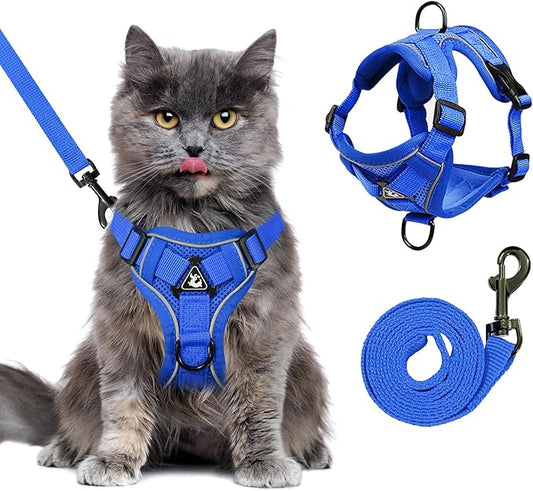 Escape Proof Cat Harness and Leash Set for All Types of Cats - Adjustable Reflective Soft Mesh Vest with 4 Buckles, Breathable Walking Harness for Kittens to XL Cats