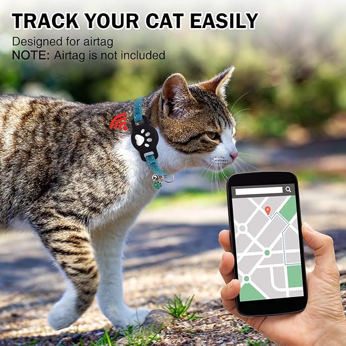 AirTag Cat Collar with Bells, Soft Velvet Cat Collar Breakaway with Airtag Holder, Safety Cat GPS Tracker Collars for Girl Boy Cats, Kittens and Puppies, Adjustable 8"-12"